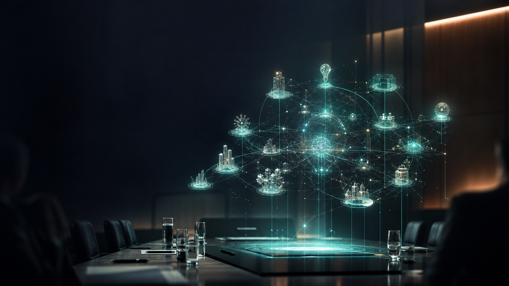 Red tecnológica de inteligencia artificial y flujos de valor que simbolizan economía sintética.